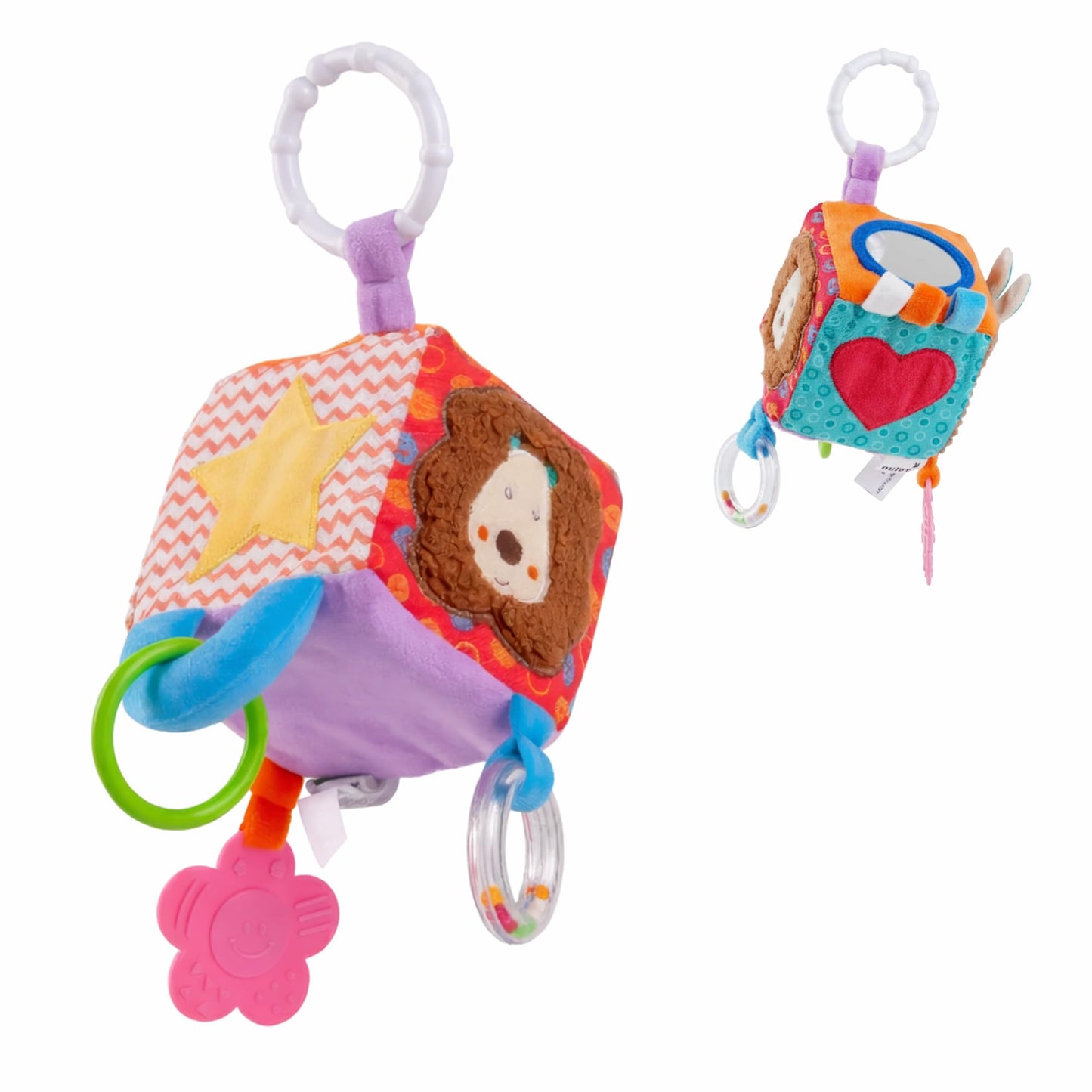 🎁 NULUV Lion Activity Cube with Teether, Mirror, Crinkle, and Rattle—Soft Sensory Toy for Babies 3+ Months.